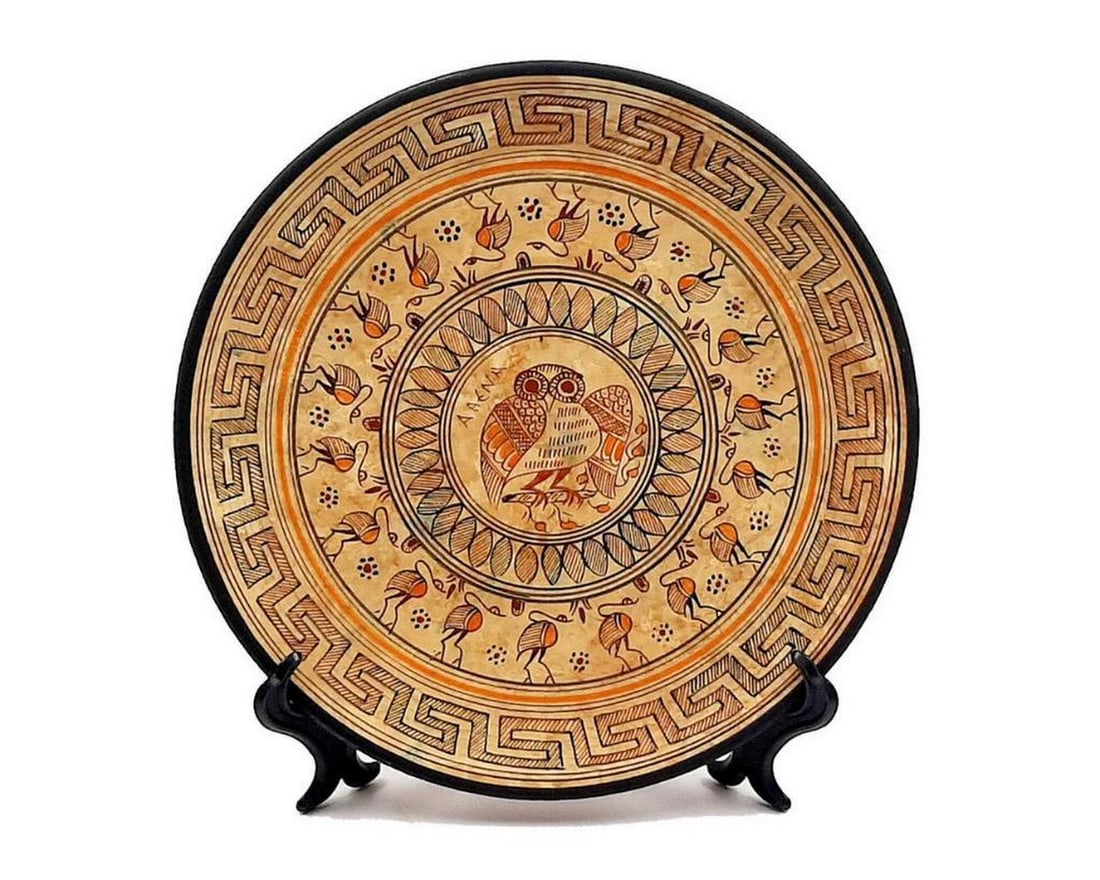 Geometric Greek Pottery – Owl Decorative Ceramic Plate: Geometric Greek Pottery – Owl Decorative Ceramic Plate Enhance your decor with a ceramic plate featuring an owl at its center, executed in the Geometric art style of ancient Greece (c. 900–700 BCE