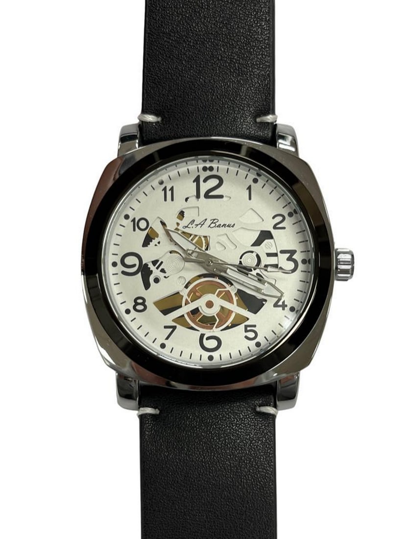 Mens L.A Banus Quicksilver Finish Semi-skeleton Genuine Leather Band Watch: Mens L.A Banus Quicksilver Finish Semi-skeleton Genuine Leather Band Watch An excellent choice for a sleek but casual outfit. This watch is stunning with its white 12-hour dial featuring a semi-skelet