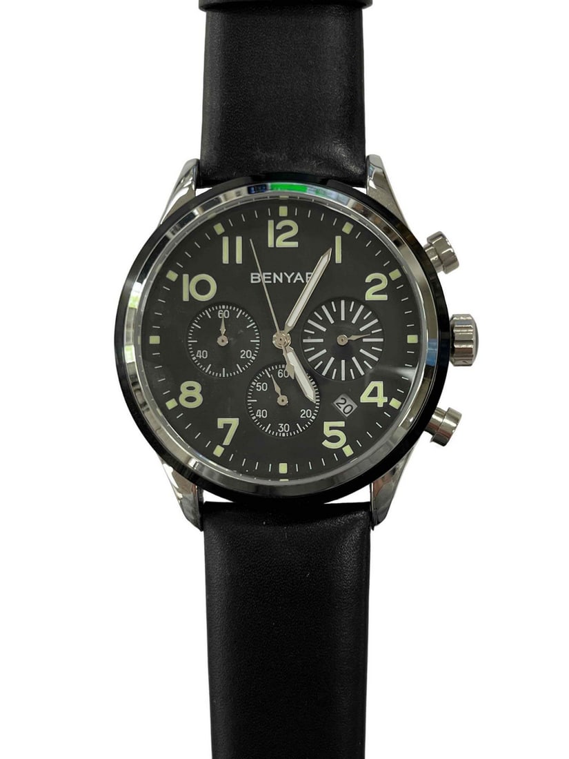 Benyar Mens Black Multi Dial Watch: Benyar Mens Black Multi Dial Watch Quartz-watch, Scratch Proof Mineral Glass, Metal frame and high quality Leather band. Three Chronograph Sub-dial, Stainless Steel Clasp, Convenient and beautiful. Qu