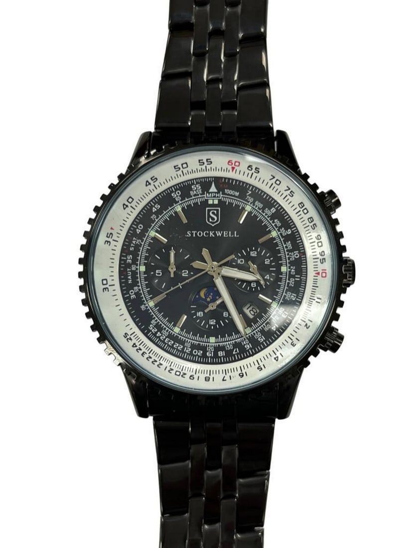 Men's Stockwell PILOTS Automatic Watch With Genuine Black Stainless Steel Locking Clasp & Gift Box: Men's Stockwell PILOTS Automatic Watch With Genuine Black Stainless Steel Locking Clasp & Gift Box For Auction Is A Men's Luxury Stockwell Automatic FLIGHT CHRONO Watch Featuring A Tachyme