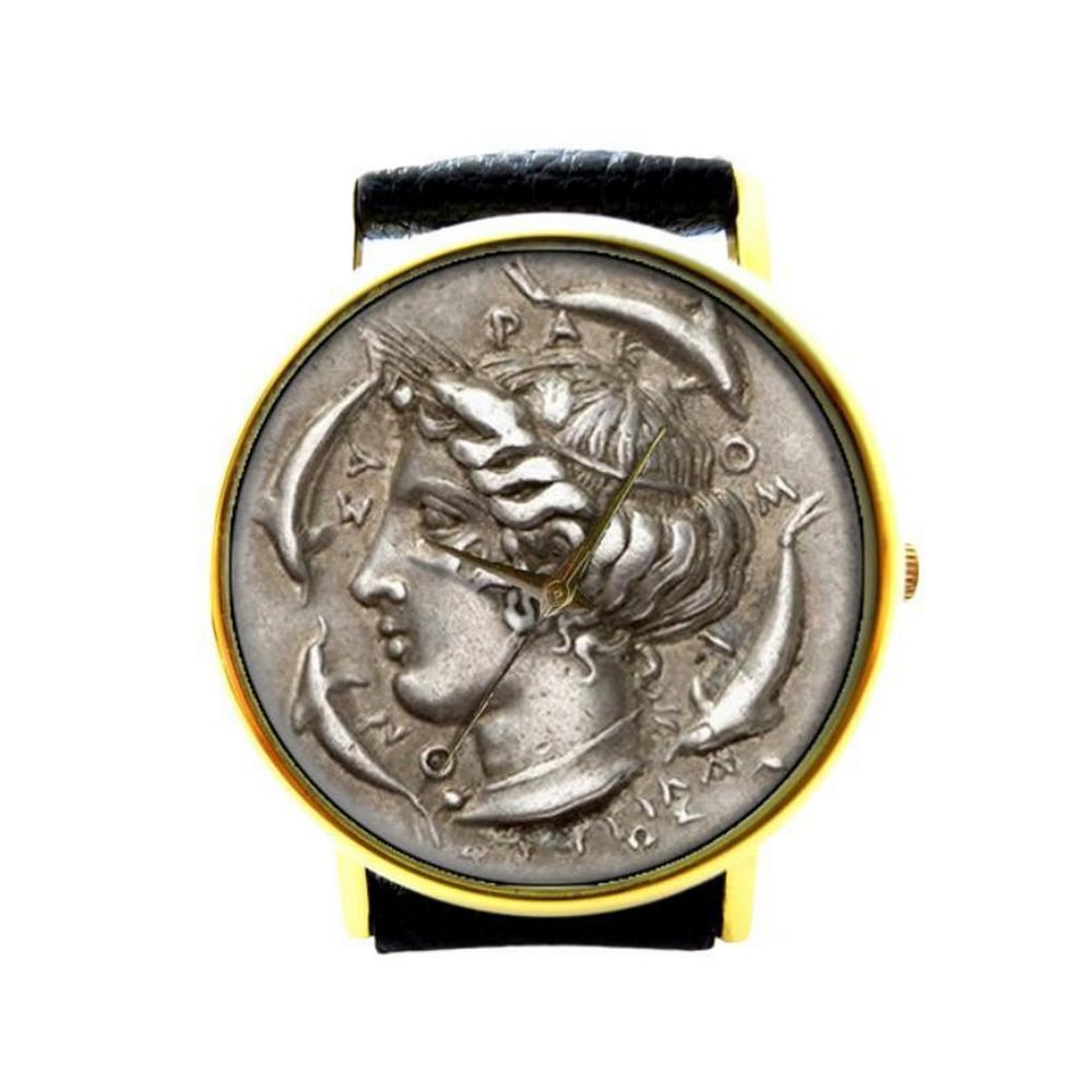 Unique Watch With an Ancient Coin Photo on Dial & Genuine Leather Band: Unique Watch with an Ancient Coin Photo on Dial & Genuine Leather Band Introducing the Unique Watch with an Ancient Coin Photo on Dial—a timepiece that combines the allure of ancient history wit