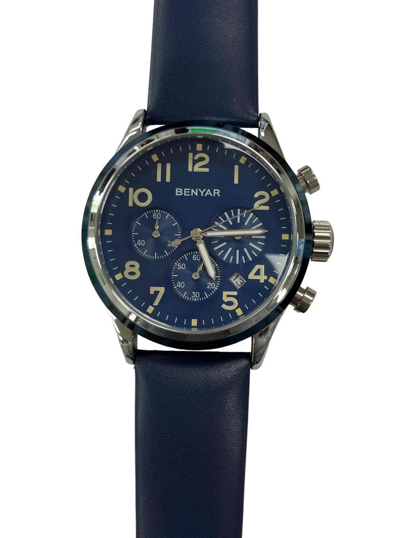BY-5138M BENYAR Japanese-Quartz Movement Leather Band Watch: BY-5138M BENYAR Japanese-Quartz Movement Leather Band Watch Quartz-watch, Scratch Proof Mineral Glass, Metal frame and high quality Leather band. Three Chronograph Sub-dial, Stainless Steel Clasp, Con