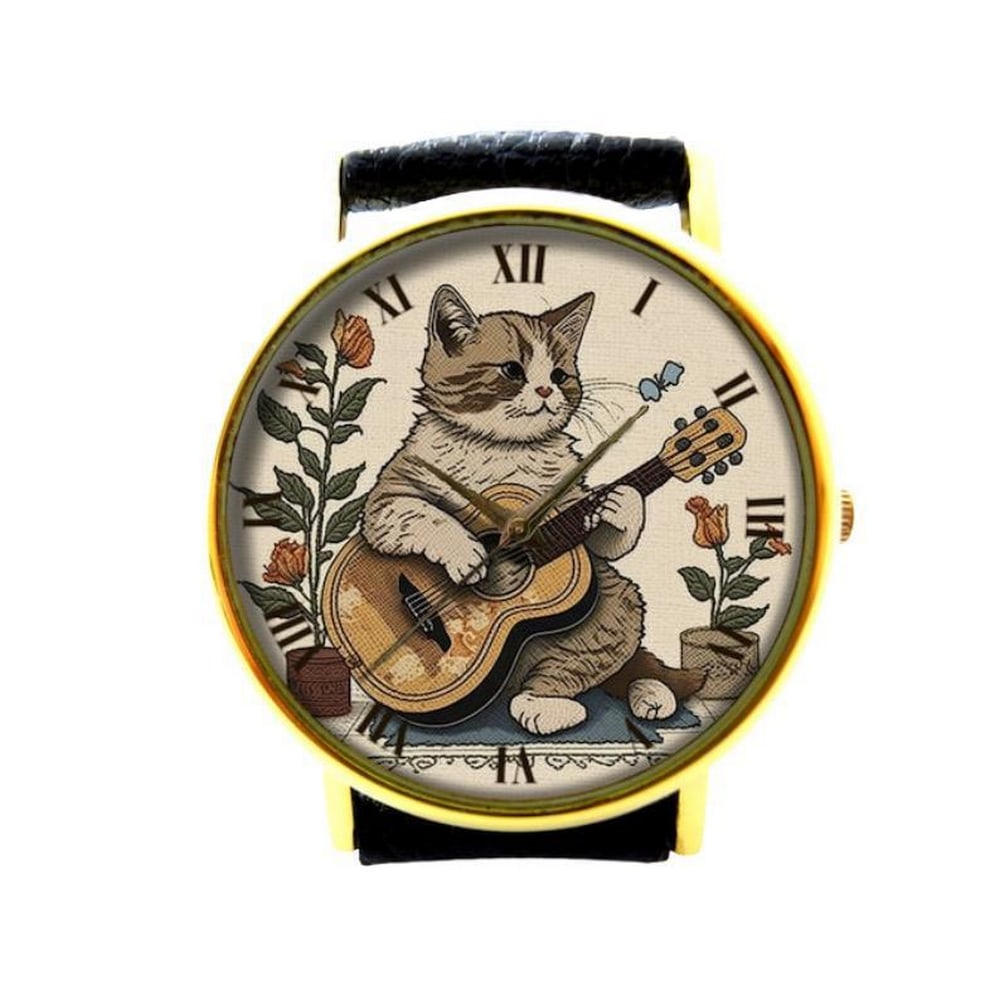 Unique Watch With Cat Playing Guitar Photo on Dial & Genuine Leather Band: Unique Watch With Cat Playing Guitar Photo on Dial & Genuine Leather Band Introducing the Unique Watch With Cat Playing Guitar Photo on Dial—a truly distinctive timepiece that combines whimsy wi