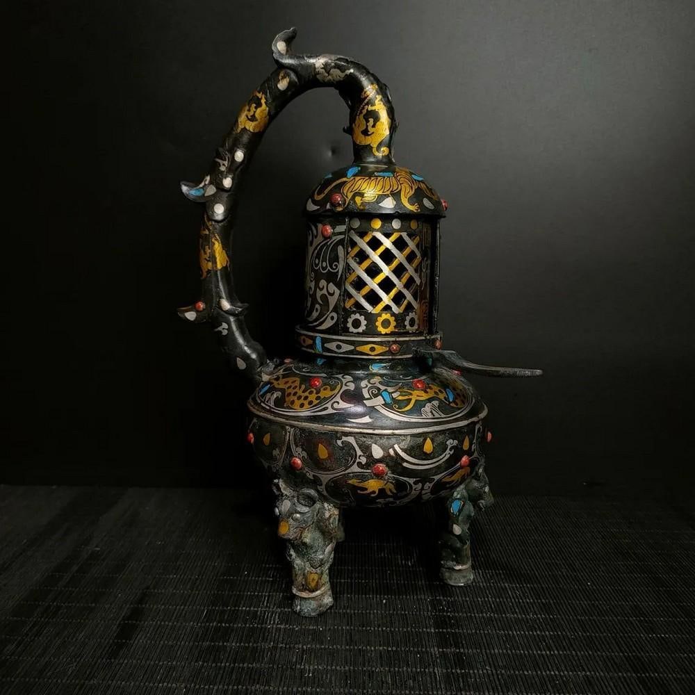 Antique Chinese Inlaid Turquoise Bronze Lamp Ornament (1 of 8)