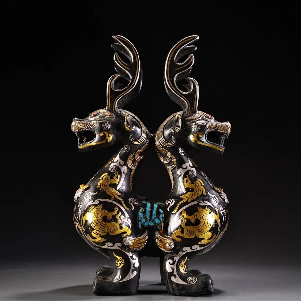 Antique Chinese Bronze Two-Headed Beast Statue with Gold and Silver Inlay: Antique Chinese Bronze Two-Headed Beast Statue with Gold and Silver Inlay This rare hand-crafted statue showcases traditional Chinese artistry, featuring a striking two-headed beast design. Made from 