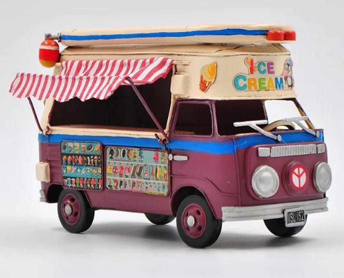 Classic Vintage Ice Cream Volkswagen Bus: Classic Vintage Ice Cream Volkswagen Bus This charming hand-made Volkswagen bus model is a nostalgic and whimsical tribute to the iconic VW van, reimagined as a vibrant ice cream truck. Crafted from d