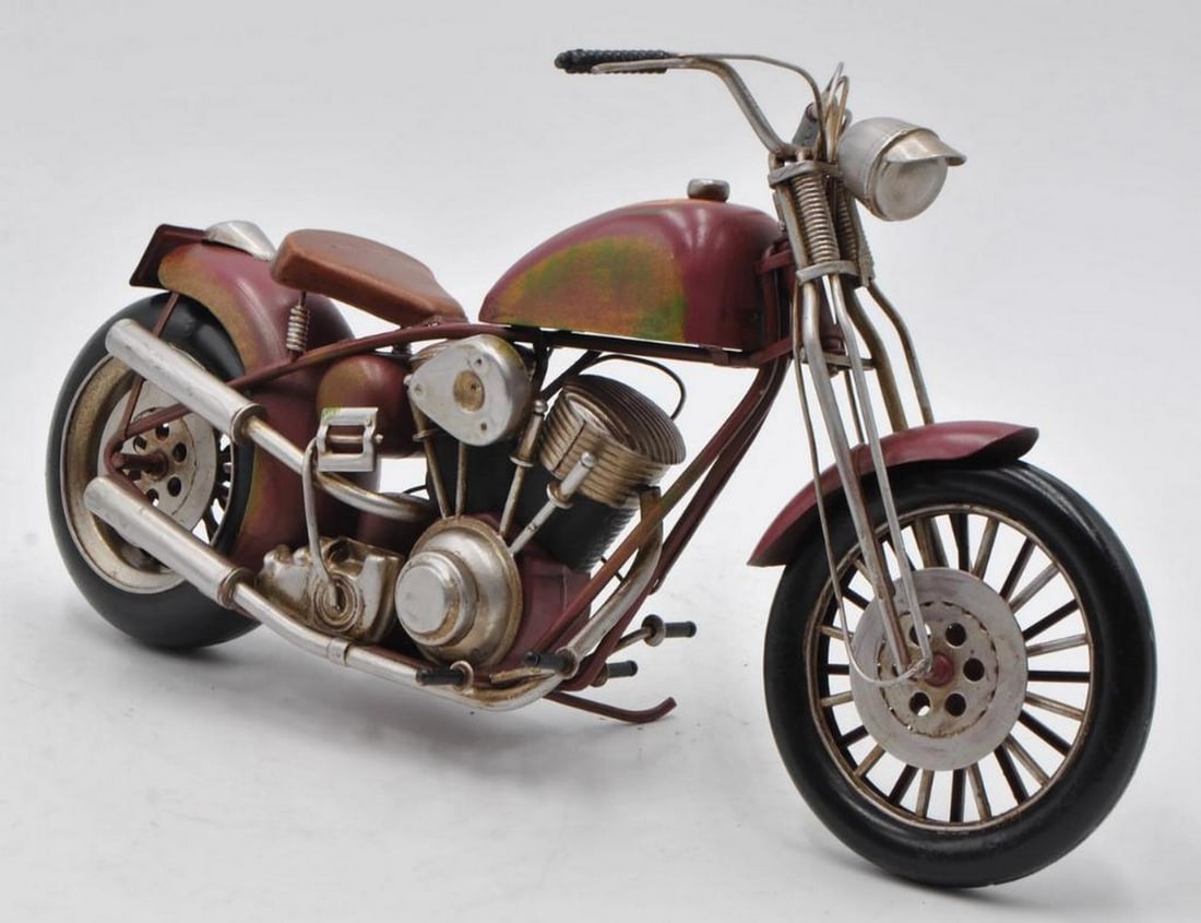 1960s Harley Davidson Chopper - 1/8 Scale Rose Metal Model: 1960s Harley Davidson Chopper - 1/8 Scale Rose Metal Model This handcrafted metal sculpture depicts a 1960s Harley Davidson chopper motorcycle, designed for display on a desk, table, or shelf. Featuri