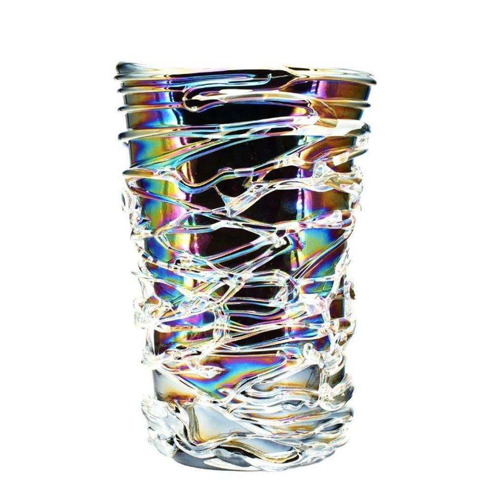 Iridescent Vase – Murano Glass: Iridescent Vase – Murano Glass This Murano glass vase features an iridescent surface that reflects different colors depending on the angle of light. The vase has softly undulating lines and is creat