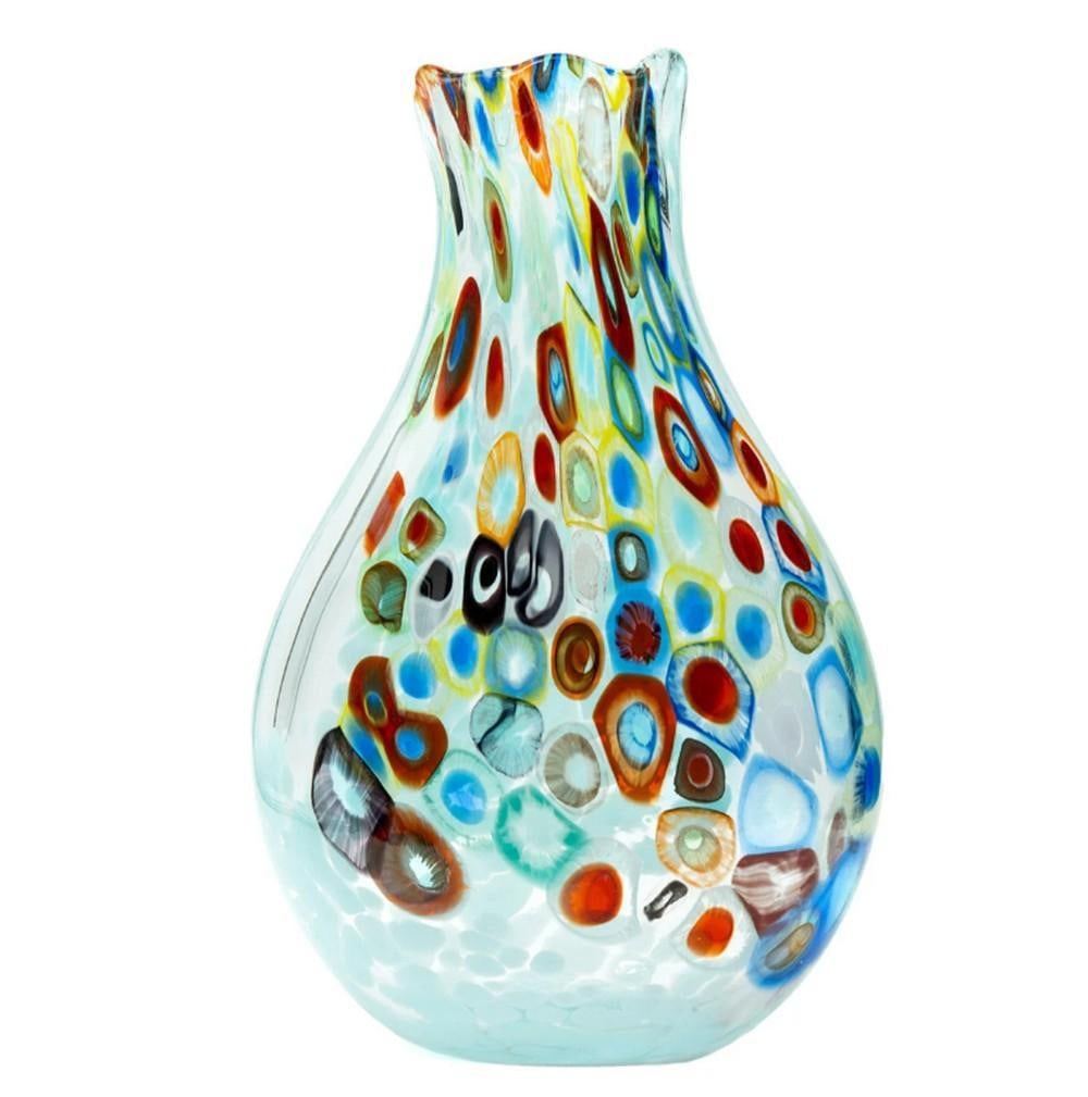 Murrine Vase – Otello – Murano Glass: Murrine Vase – Otello – Murano Glass This Murano glass vase is handmade using blown glass techniques and features a murrine texture created with millefiori elements. The vase has a rounded body wi