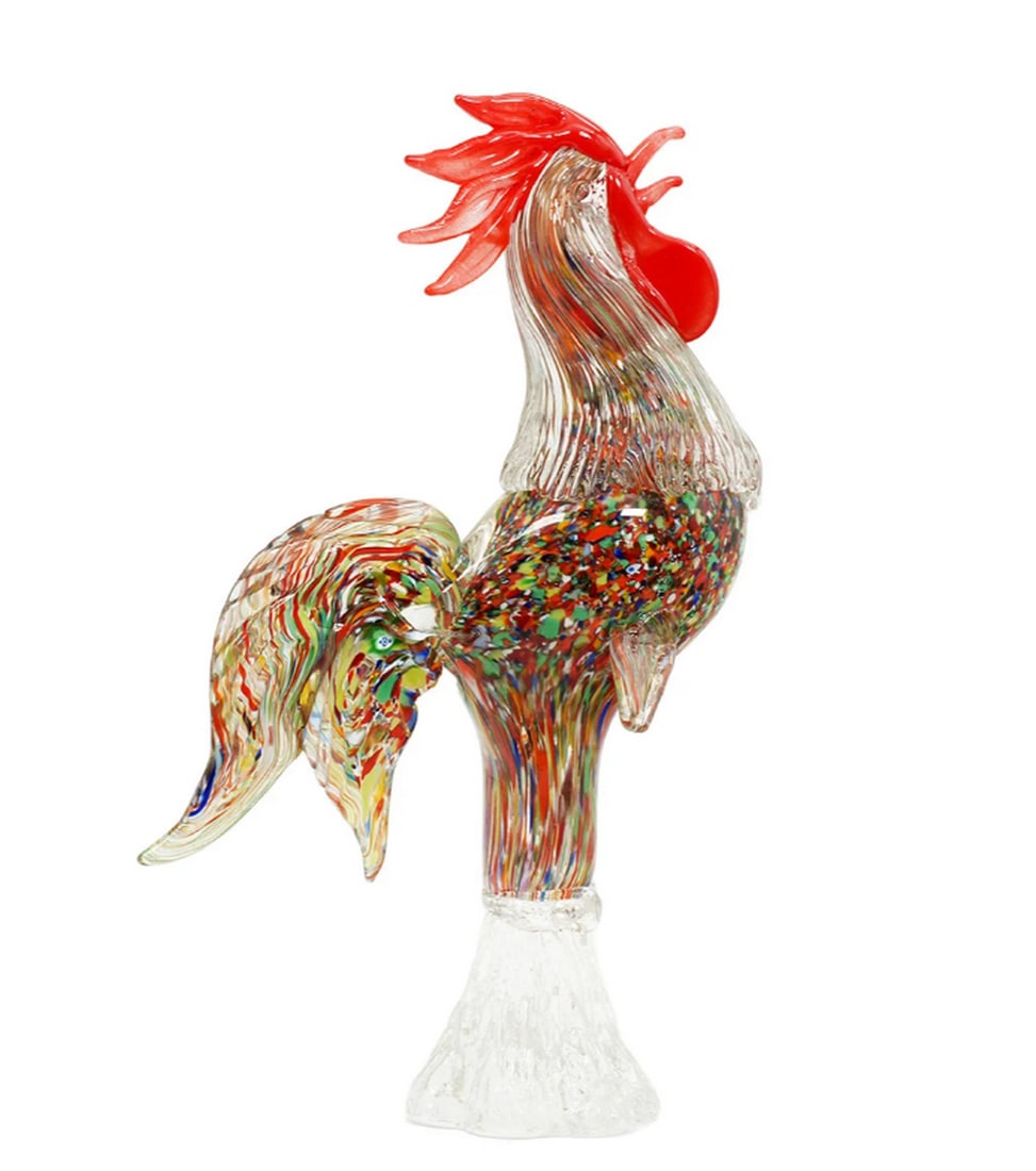 Murano Glass Rooster Sculpture - Molten Glass Technique: Murano Glass Rooster Sculpture - Molten Glass Technique Crafted with a blown glass body and a vibrant molten glass tail, this elegant Murano rooster sculpture embodies the rich artistic heritage of Mu