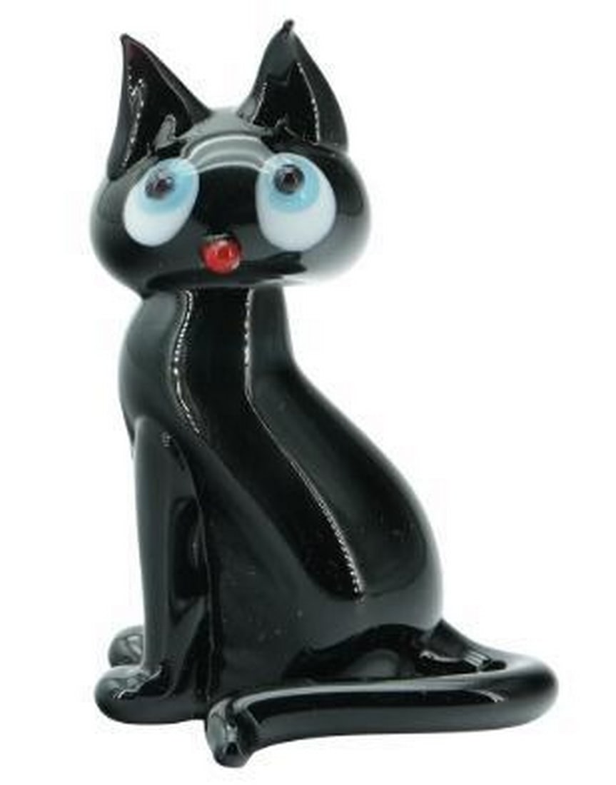 Goofy Black Cat Murano Glass Sculpture: Goofy Black Cat Murano Glass Sculpture This playful Murano glass sculpture captures the fun and quirky spirit of a black cat with a touch of whimsy. Hand-blown with vivid black glass, the cat’s exag