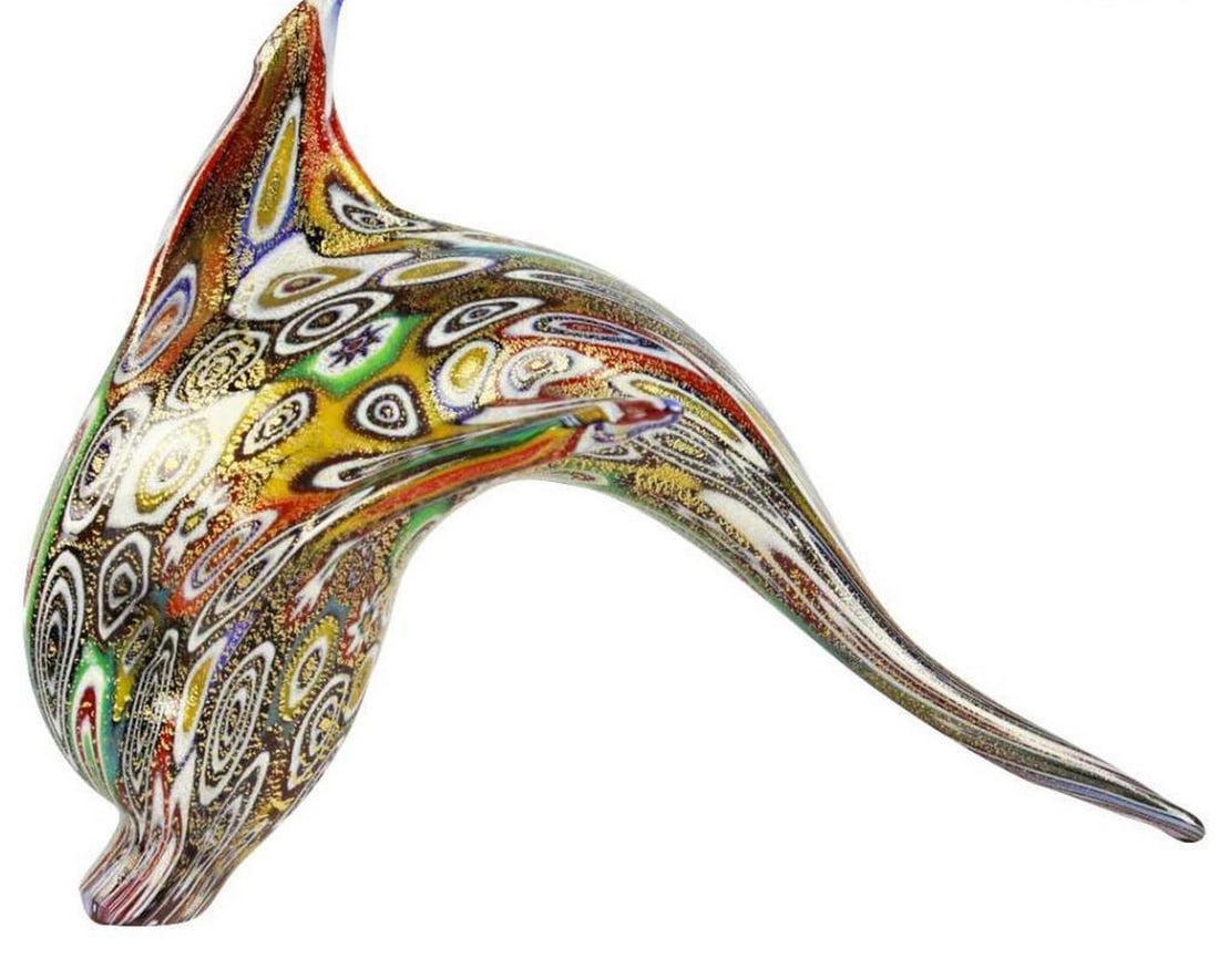 Golden Murrine Dolphin – Handcrafted Murano Glass: Golden Murrine Dolphin – Handcrafted Murano Glass This handcrafted Murano glass dolphin figurine features vibrant millefiori murrine blended with pure 24kt gold, creating a shimmering, mosaic-like s