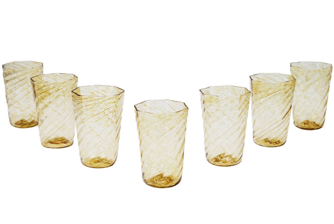 Set of Six Blown Glass Octagonal Drinking Glasses: Set of Six Blown Glass Octagonal Drinking Glasses This set of six blown glass octagonal drinking glasses offers a unique fusion of geometric form and artisanal technique. Each glass is hand-blown