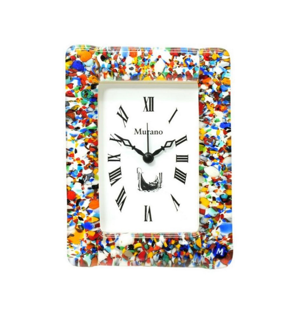 Table Alarm Clock – White Murano Glass with Millefiori Decoration: Table Alarm Clock – White Murano Glass with Millefiori Decoration This handcrafted Murano glass table alarm clock is created using the traditional glass fusing technique with colorful millefiori mur