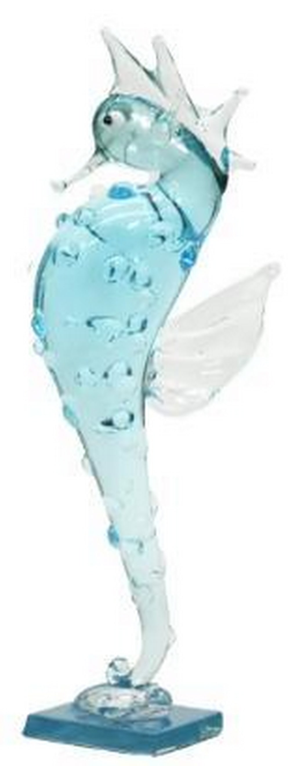Blue Seahorse Murano Glass Sculpture: Blue Seahorse Murano Glass Sculpture This enchanting mini Murano glass sculpture features a graceful seahorse in a stunning shade of blue, capturing the fluid beauty of the ocean. Hand-blown with meti