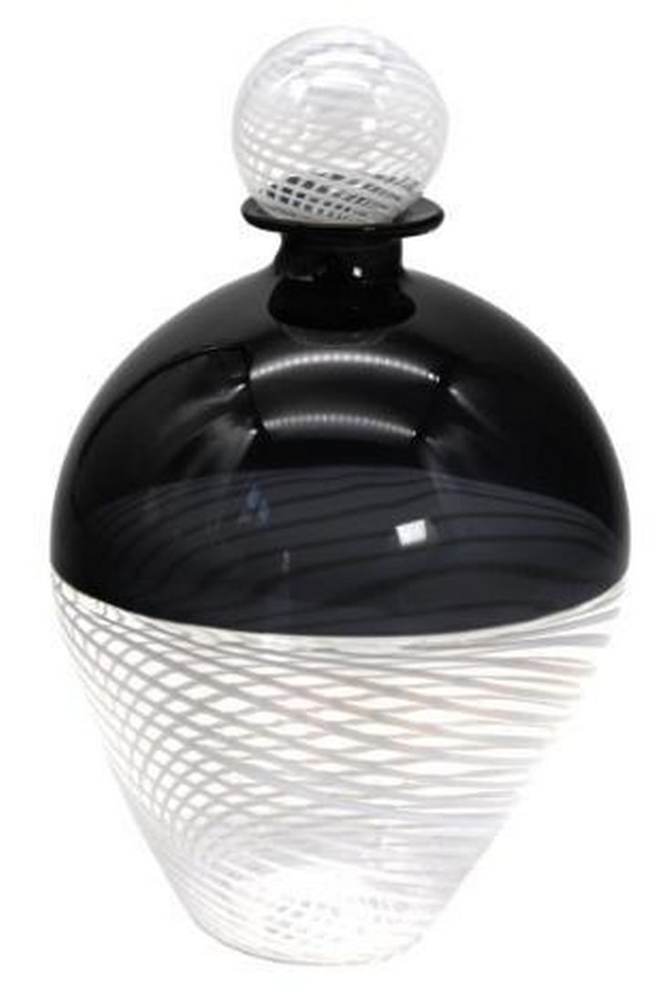 Monochrome Elegance Murano Glass Oval Perfume Bottle: Monochrome Elegance Murano Glass Oval Perfume Bottle. This is a sleek, oval-shaped perfume bottle that effortlessly blends bold black and crisp white tones. Its minimalist design exudes modern sophist