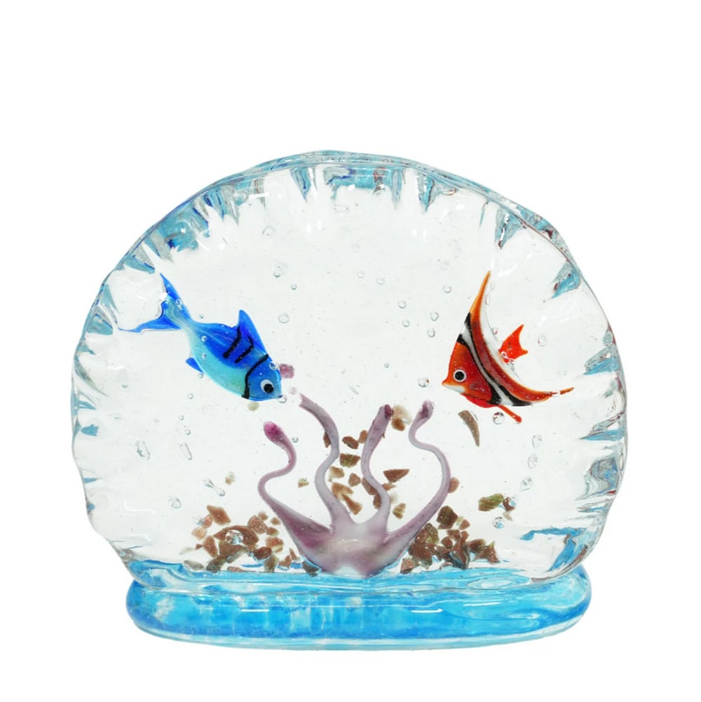Murano Glass Aquarium Sculpture with Tropical Fish – Sommerso Technique: Murano Glass Aquarium Sculpture with Tropical Fish – Sommerso Technique This stunning Murano glass aquarium sculpture is crafted using the intricate Sommerso technique. The process begins with the g