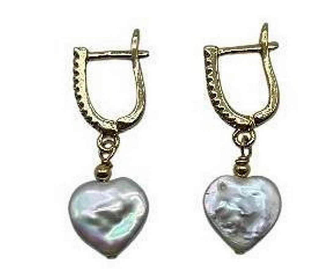 White Heart Shaped Freshwater Pearl Dangle Earrings: White Heart Shaped Freshwater Pearl Dangle Earrings These beautiful English lock dangle earrings have a row of stunning rhinestones on the front. Below that is a heart shaped pearl which symbolizes pu