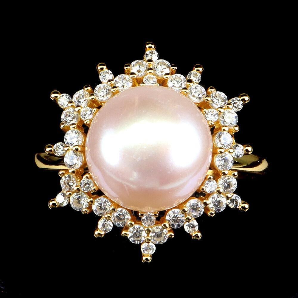10mm Natural Round Pearl & Simulated CZ Gemstone Ring in 925 Sterling Silver - Size 8: 10mm Natural Round Pearl & Simulated CZ Gemstone Ring in 925 Sterling Silver - Size 8 Elevate your style with our enchanting 10mm Natural Round Pearl & Simulated CZ Gemstone Ring in 925 Sterli