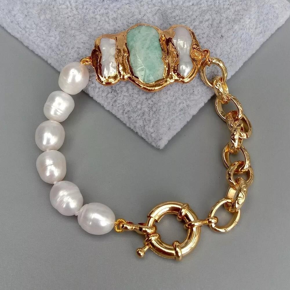 Cultured White Rice Pearl and Amazonite Chain Bracelet: Cultured White Rice Pearl and Amazonite Chain Bracelet This elegant 8" bracelet combines the beauty of cultured white rice pearls with the vibrant tones of Amazonite stone. The unique texture and 