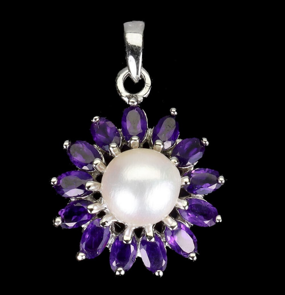 Round Pearl Amethyst Flower Petal Sterling Silver Necklace Pendant: Round Pearl Amethyst Flower Petal Sterling Silver Necklace Pendant Metal: 925 Sterling Silver Plate: 14k White Gold Center Stone: Round Button Creamy White Pearl Secondary Stone: Amethyst View Photos 