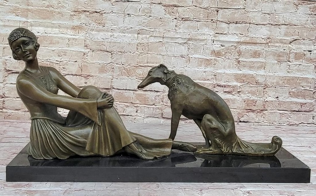 Art Deco Flapper Girl Woman with Afghan Dog Bronze Sculpture by Chiparus – 13" x 24": Art Deco Flapper Girl Woman with Afghan Dog Bronze Sculpture by Chiparus – 13" x 24" This exquisite bronze sculpture by Chiparus captures the essence of the Roaring 20s, portraying a fashion