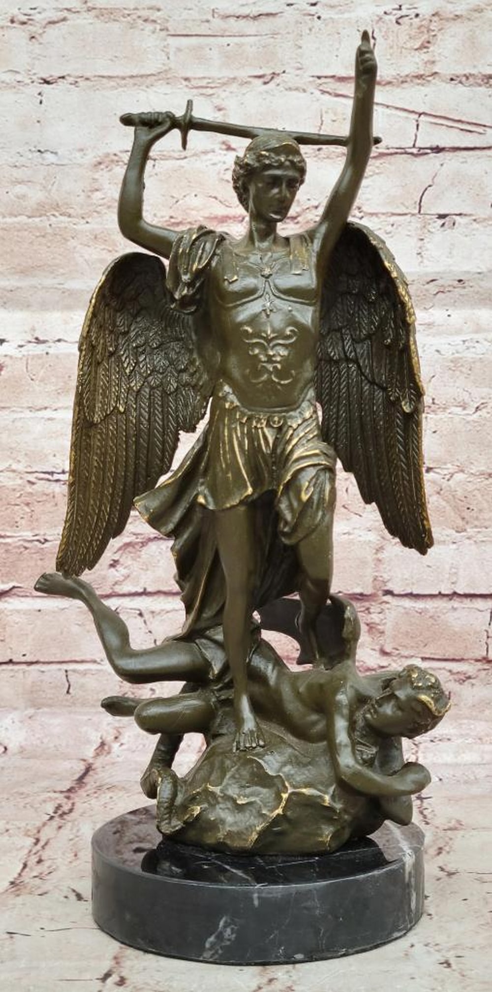 Saint Michael Slaying the Dragon Bronze Sculpture by Carpeaux – 14" x 7.5": Saint Michael Slaying the Dragon Bronze Sculpture by Carpeaux – 14" x 7.5" This sculpture depicts Saint Michael in the act of defeating the dragon, a classic representation of protection and