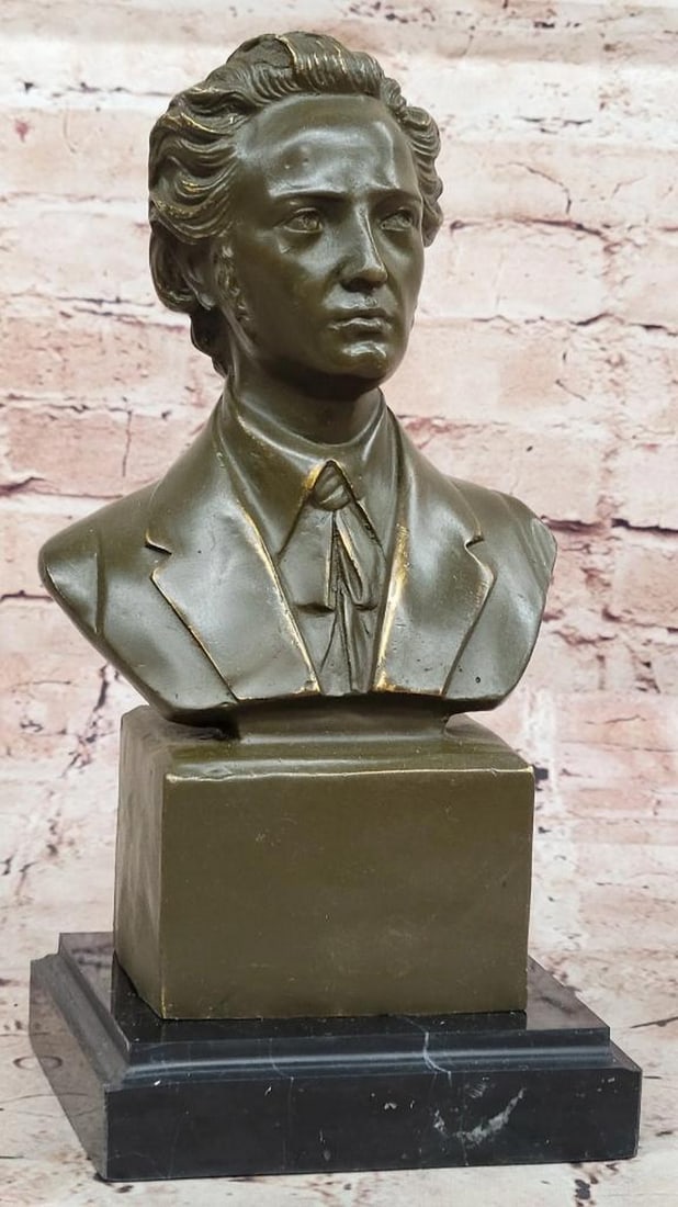 Frederic Chopin Bronze Bust by Fisher on Marble Base - 10.5" x 5": Frederic Chopin Bronze Bust by Fisher on Marble Base - 10.5" x 5" This limited edition bronze bust of Frederic Chopin, signed and numbered by the artist Fisher, offers a refined homage to one 