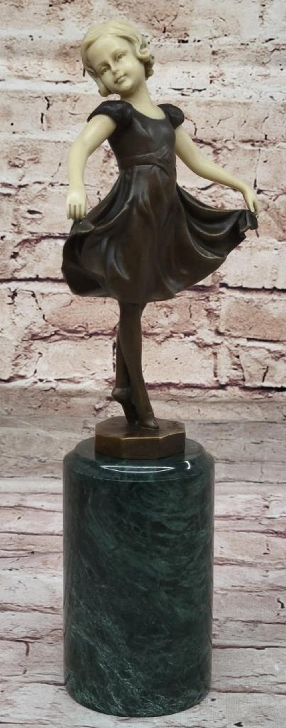 Curtsying Little Girl Inspired Bronze Statue - 13" x 5": Curtsying Little Girl Inspired Bronze Statue - 13" x 5" This charming sculpture captures the innocence and grace of childhood, depicting a young girl dancing confidently on tiptoes. Holding he