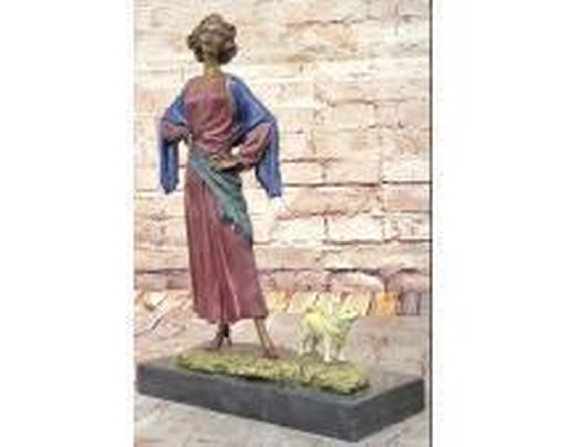 Bronze Sculpture In Vibrant Colors Of Spanish Woman With Dog: Bronze Sculpture In Vibrant Colors Of Spanish Woman With Dog. This exquisite Art Deco bronze sculpture is inspired by the artist J. Erté and bears his signature. This vibrant Art Deco-inspired bronze
