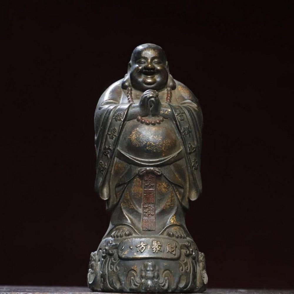 Gilded Copper Maitreya Buddha Statue: Gilded Copper Maitreya Buddha Statue This antique Maitreya Buddha statue exemplifies masterful Chinese craftsmanship, meticulously handcrafted from pure copper and adorned with a refined gold rubbing 