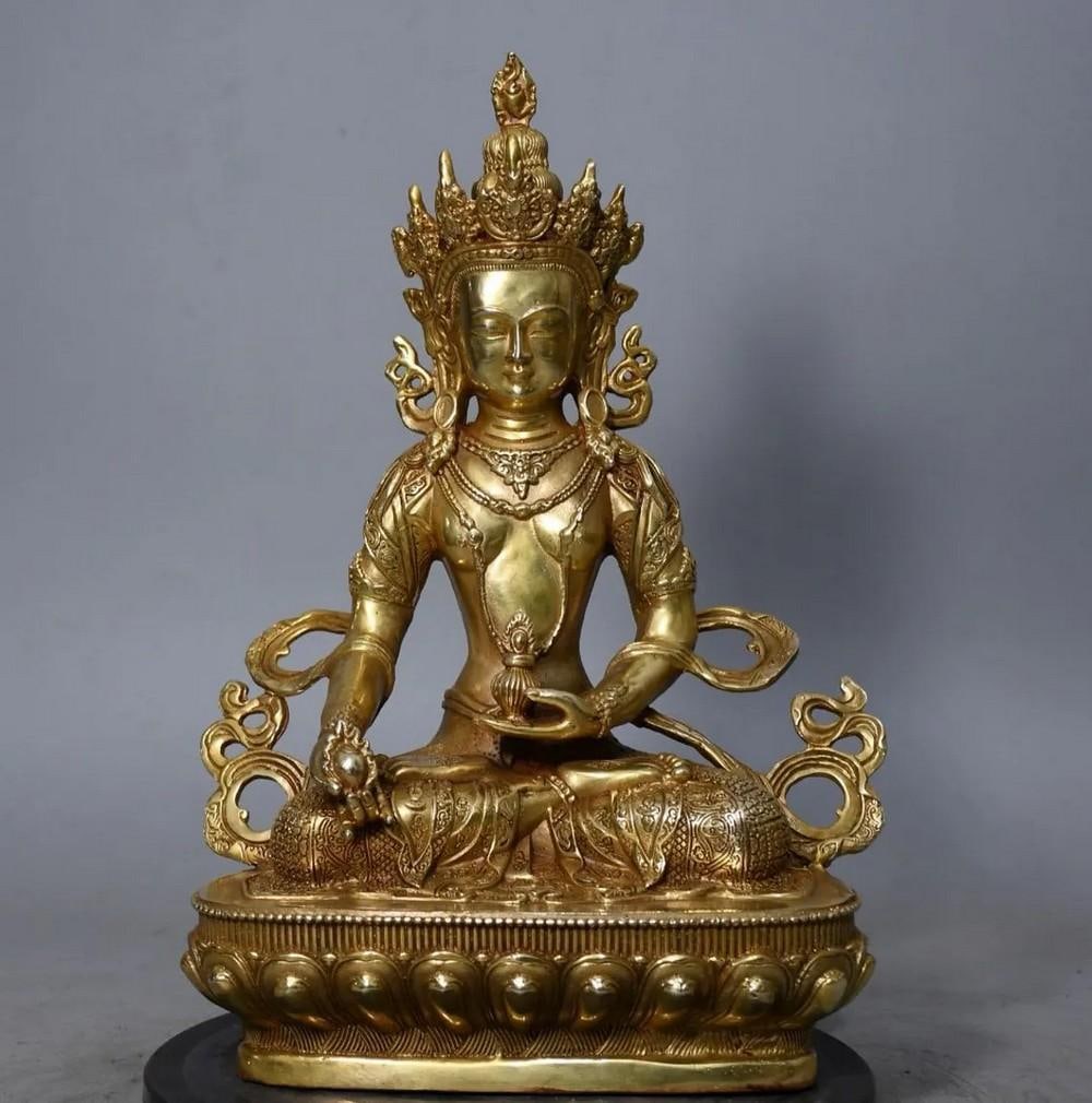Pure Copper & Gilt Tara Guanyin Buddha Statue: Pure Bronze & Gilt Tara Guanyin Buddha Statue This Pure Bronze & Gilt Tara Guanyin Buddha Statue features the compassionate deity Tara Guanyin, exquisitely crafted in pure bronze with a rich g