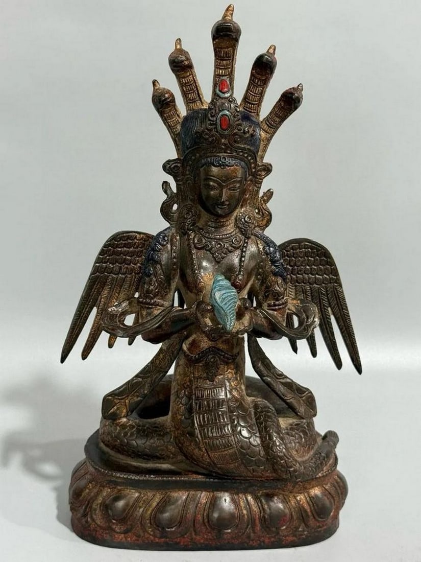 Antique Chinese Handcrafted Pure Copper Naga Buddha Statue (1 of 7)