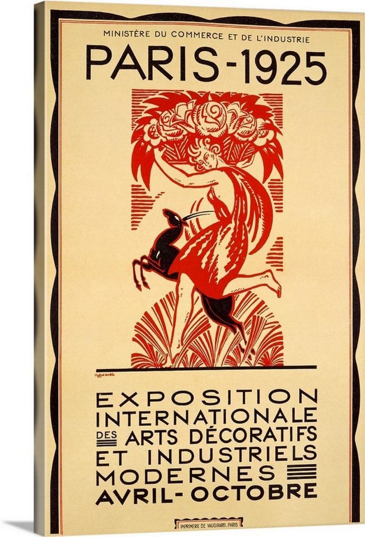 Paris Art Exposition 1925 Vintage Canvas Reproduction by Robert Bonfils: Paris Art Exposition 1925 Vintage Canvas Reproduction by Robert Bonfils Vintage poster advertising the Paris Art Exposition of 1925, created by Robert Bonfils. The artwork features a woman running wit