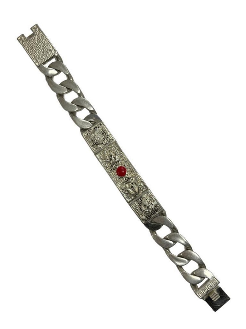 Hand Carved Chinese Tibetan Silver Golden Cicada Bracelet Accented With Red Gemstone: Hand Carved Chinese Tibetan Silver Golden Cicada Bracelet Accented With Red Gemstone The cicada symbolises rebirth and immortality in Chinese tradition, thus a lot of people have Golden Cicada Idol