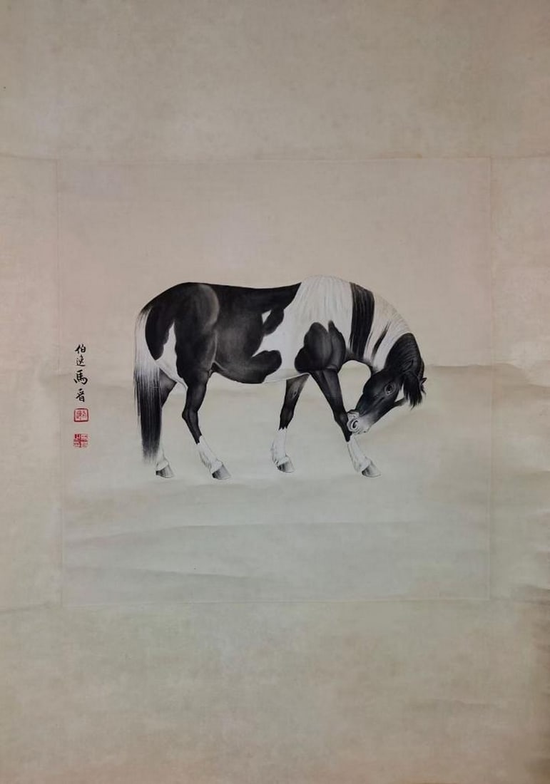 Ma Jin Inspired Hand-Painted One-Horse Scroll: Ma Jin Inspired Hand-Painted One-Horse Scroll An inspired hand-painted scroll in the style of Ma Jin, featuring a solitary horse depicted with dynamic brushwork and expressive detail. The composition 