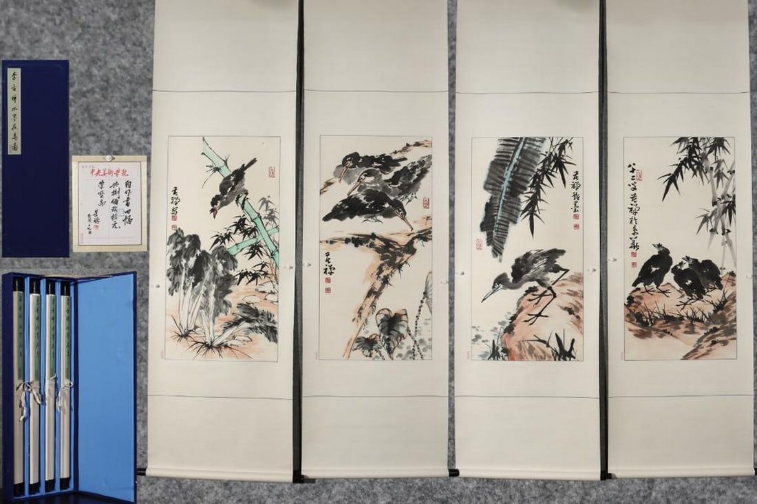 Li Kuchan Inspired Hand-Painted Birds Scroll: Li Kuchan Inspired Hand-Painted Birds Scroll An inspired hand-painted scroll in the style of Li Kuchan (1899–1983), renowned for his expressive brushwork and dynamic compositions in bird painting. T