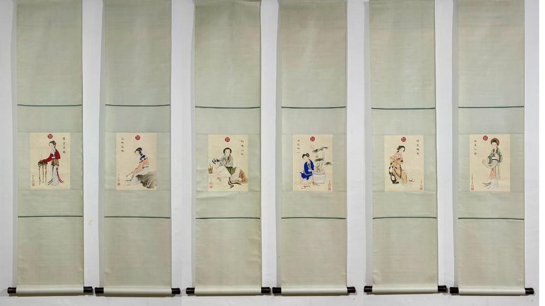 Leng Mei Inspired Hand-Painted Six Beauties Scrolls Set: Leng Mei Inspired Hand-Painted Six Beauties Scrolls Set An inspired set of six hand-painted scrolls in the style of Leng Mei, featuring exquisite portraits of the Six Beauties celebrated in Chinese ar