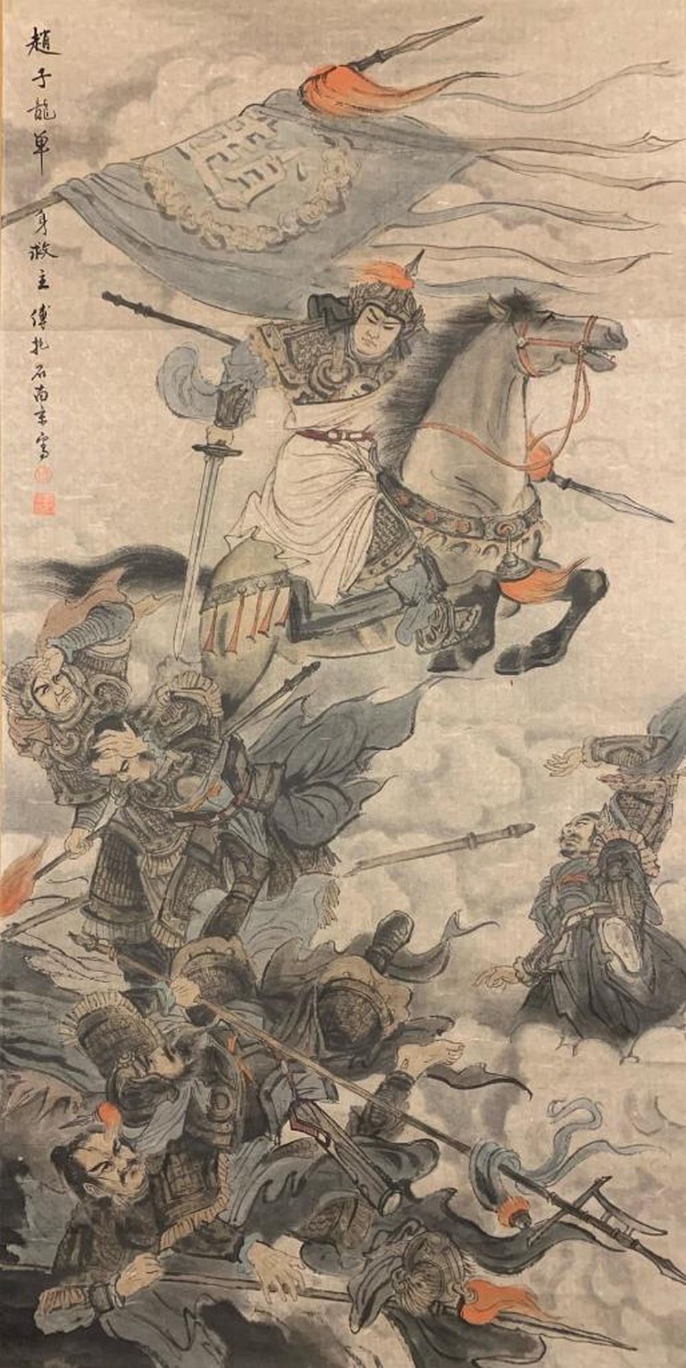 Fu Baoshi Inspired Hand-Painted Scroll – Story of General Zhao Zilong: Fu Baoshi Inspired Hand-Painted Scroll – Story of General Zhao Zilong An inspired hand-painted scroll in the style of Fu Baoshi, depicting the heroic tales of General Zhao Zilong, a celebrated figur