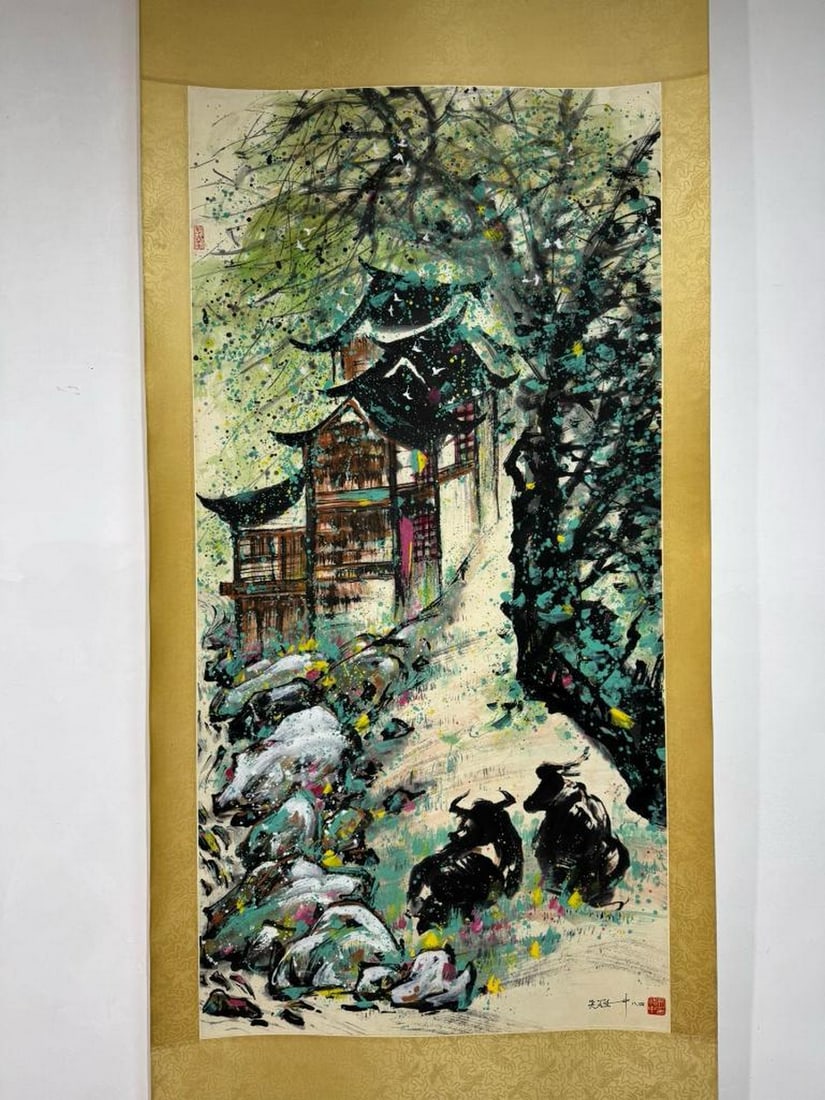 Tian Shiguang Inspired Hand-Painted Birds and Flowers on Gold Paper: Tian Shiguang Inspired Hand-Painted Birds and Flowers on Gold Paper An inspired hand-painted artwork in the style of Tian Shiguang, featuring vibrant birds and delicate flowers rendered on shimmering 
