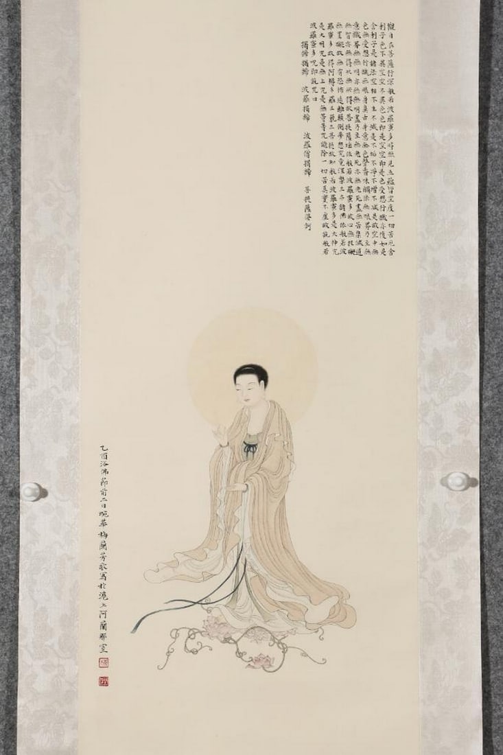 Mei Lanfang Inspired Hand-Painted Guanyin Buddha Scroll: Mei Lanfang Inspired Hand-Painted Guanyin Buddha Scroll An inspired hand-painted scroll in the style of Mei Lanfang, the legendary Peking opera artist celebrated for his artistic versatility beyond th