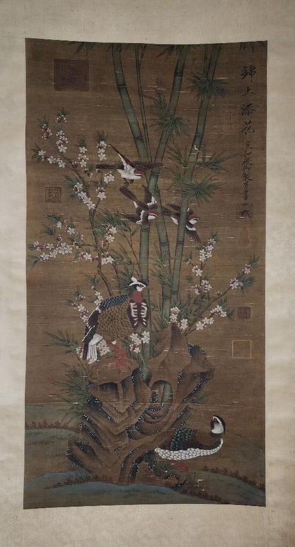 Song Huizong Inspired Hand-Painted Birds and Flowers Silk Scroll: Song Huizong Inspired Hand-Painted Birds and Flowers Silk Scroll An inspired silk cloth scroll attributed to Song Huizong (1082–1135), the renowned Song Dynasty emperor and accomplished painter. Thi