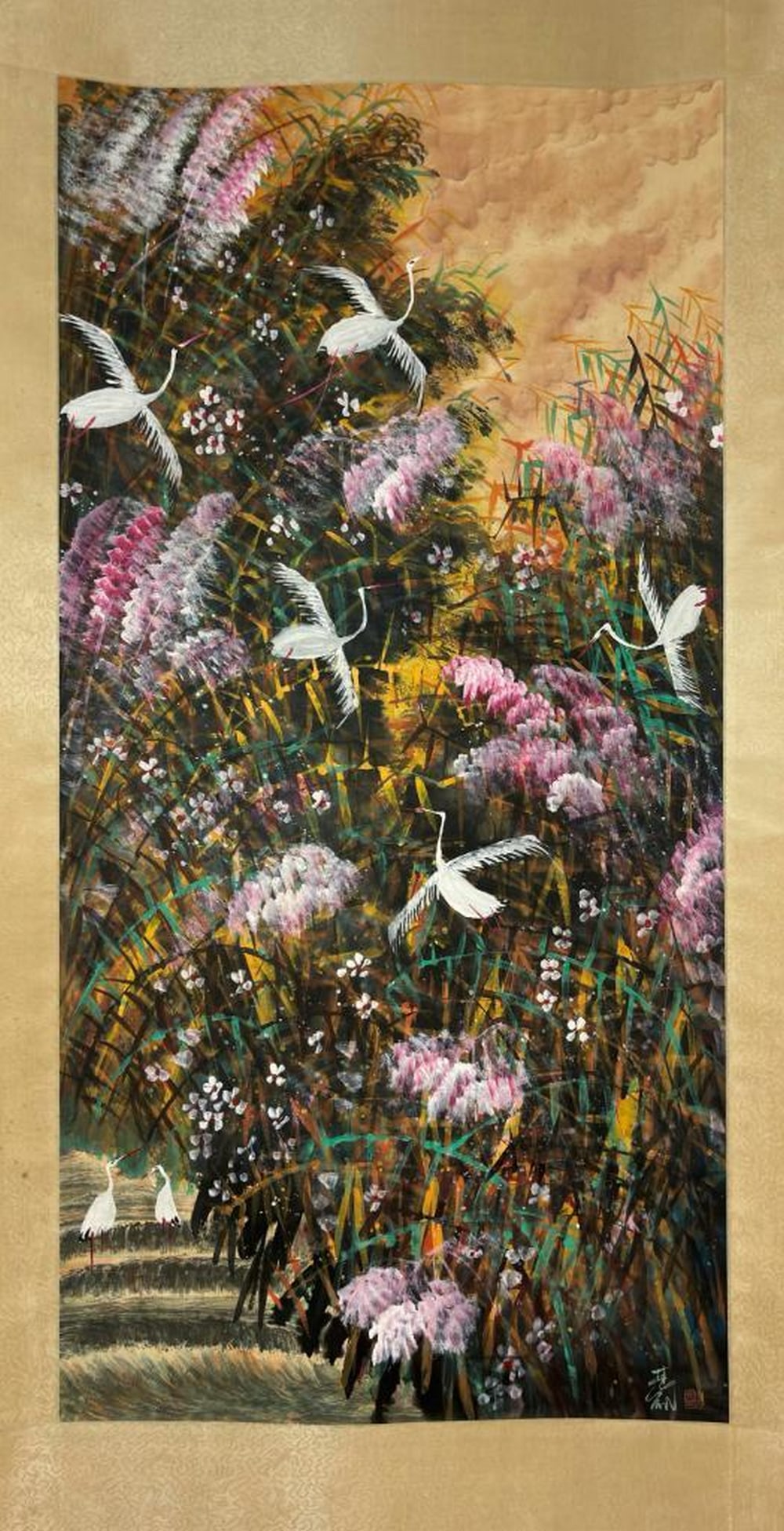 Lin Fengmian Inspired Hand-Painted Cranes and Flowers Scroll: Lin Fengmian Inspired Hand-Painted Cranes and Flowers Scroll An inspired hand-painted scroll in the style of Lin Fengmian, a pioneer of modern Chinese painting who fused Eastern brushwork with Western
