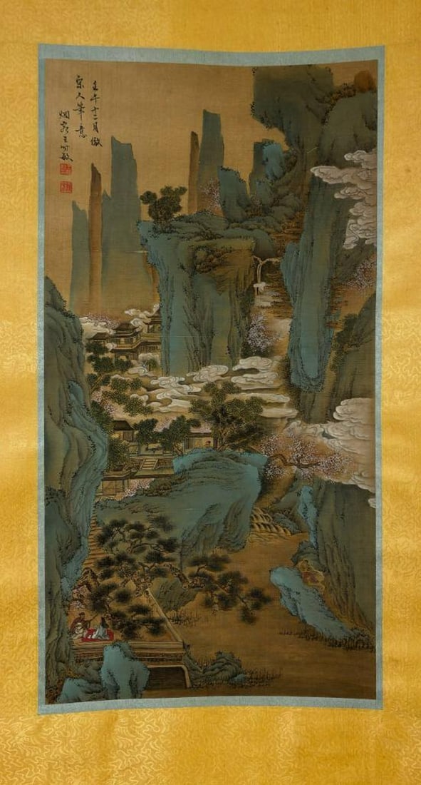 Wang Shimin Inspired Hand-Painted Silk Scroll: Mountain Landscape with Figures and Music: Wang Shimin Inspired Hand-Painted Silk Scroll: Mountain Landscape with Figures and Music This serene silk scroll inspired by esteemed landscape artist Wang Shimin beautifully captures a quiet moment o