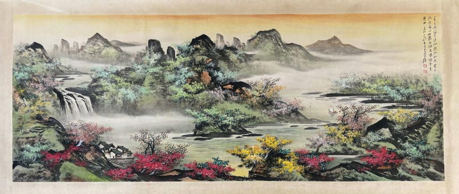 Zhang Daqian Inspired Landscape on Paper: Hidden Dwelling Among Mountains and Waterfalls: Zhang Daqian Inspired Landscape on Paper: Hidden Dwelling Among Mountains and Waterfalls This stunning landscape painting on paper inspired by the legendary Zhang Daqian captures the majesty and tranq