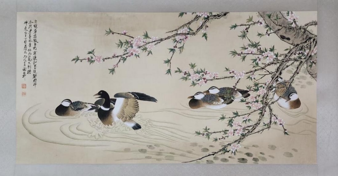 Xie Zhiliu Inspired Bird-and-Flower Painting on Paper: Xie Zhiliu Inspired Bird-and-Flower Painting on Paper This graceful paper painting inspired by renowned artist Xie Zhiliu beautifully captures a tranquil moment in nature. Ducks glide gently across th
