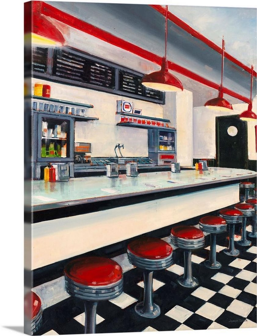 Diner Wall Art – Contemporary Realistic Canvas Reproduction: Diner Wall Art – Contemporary Realistic Canvas Reproduction Add a nostalgic touch to your space with this Diner Wall Art by Joseph Cates, a contemporary realistic depiction of a classic red-and-whit