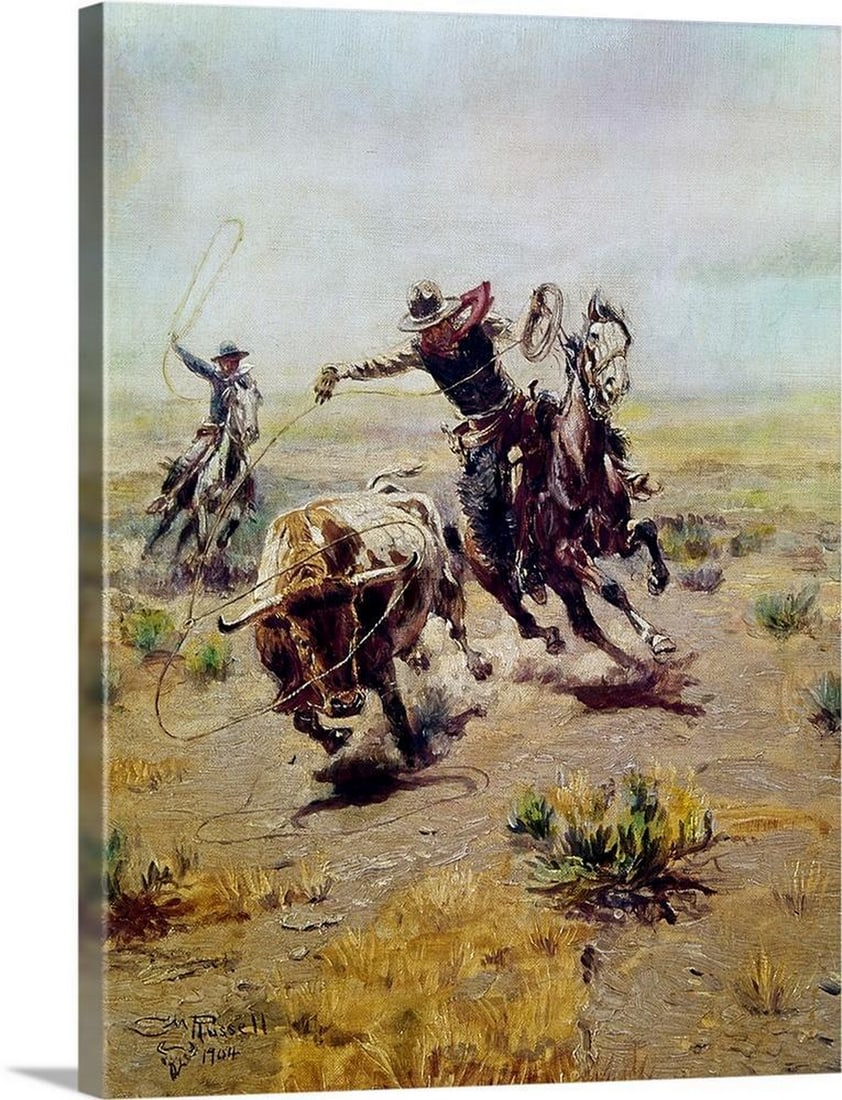 Cowboy Roping a Steer Canvas Reproduction: Cowboy Roping a Steer Canvas Reproduction Capture the spirit of the American West with Charles Marion Russell’s Cowboy Roping a Steer. This canvas reproduction portrays the action and skill of a cow