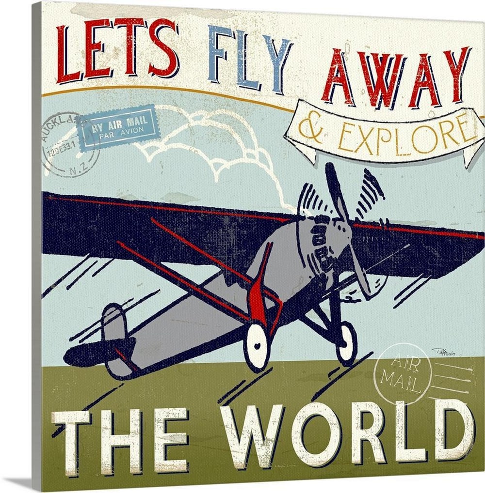 Airmail Adventure – Vintage Travel Canvas Reproduction: Airmail Adventure – Vintage Travel Canvas Reproduction Bring adventure to your walls with *Let's Travel II*, a retro-style graphic featuring a classic propeller plane, vintage airmail accents, a