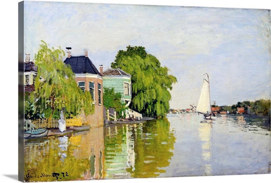 Houses on the Achterzaan Canvas Reproduction: Houses on the Achterzaan Canvas Reproduction Bring a touch of serene beauty to your space with Claude Monet’s Houses on the Achterzaan, a tranquil scene painted during his visit to the Netherlands. 